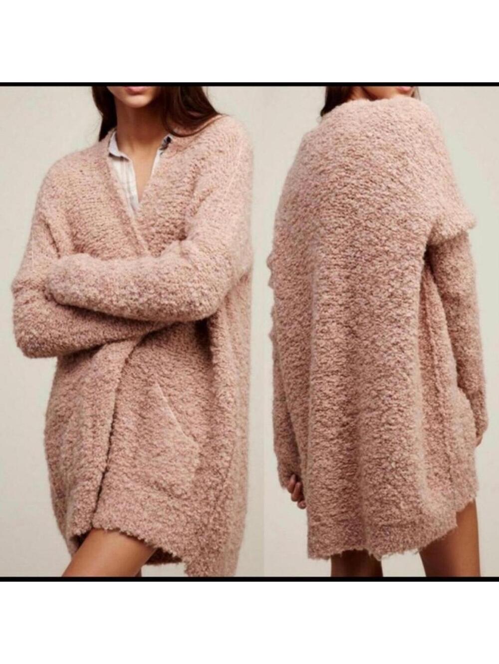 Free People Dusty Pink Boucle Cardi Oversized Sweater